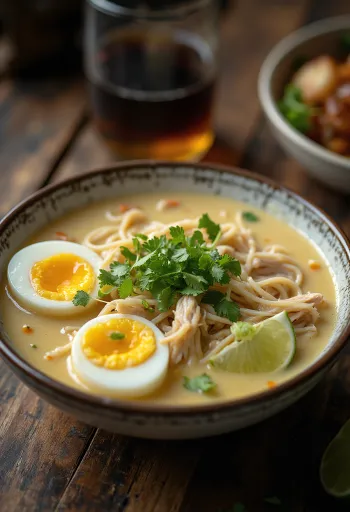 Laksa de Palembang, soupe à base de coco et tamarin servie avec poulet, nouilles et légumes frais.