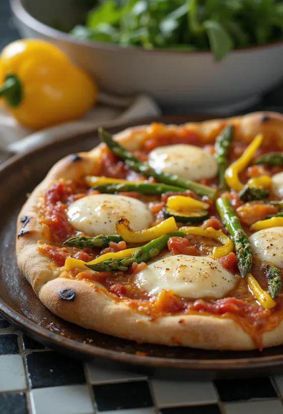 Pizza Primavera aux légumes de printemps et basilic