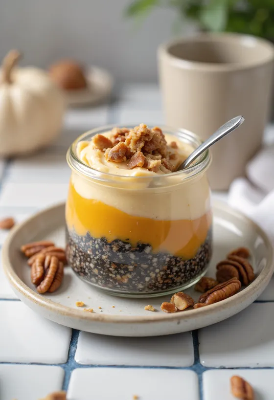 Chia pudding à la courge, servi avec cannelle et noix torréfiées.