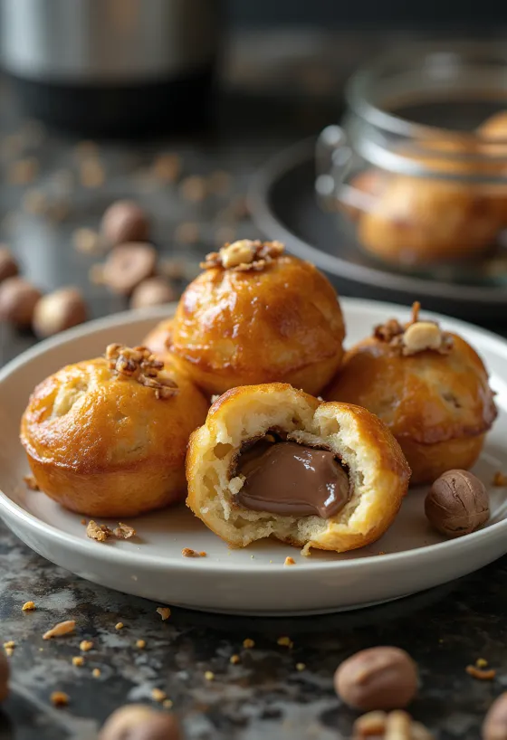 Æbleskiver fourrés au Nutella, dorés à la cuisson, saupoudrés de sucre glace