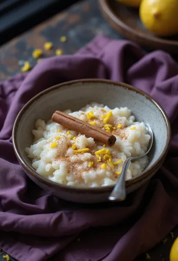 Arroz doce au lait de coco, servi avec de la cannelle sur une assiette blanche