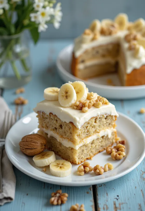 Gâteau crémeux banane-noix décoré de rondelles de banane et de noix