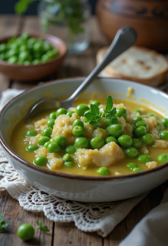 Ragoût de petits pois crémeux – Főzelék de petits pois maison simple avec persil frais et garniture croustillante.