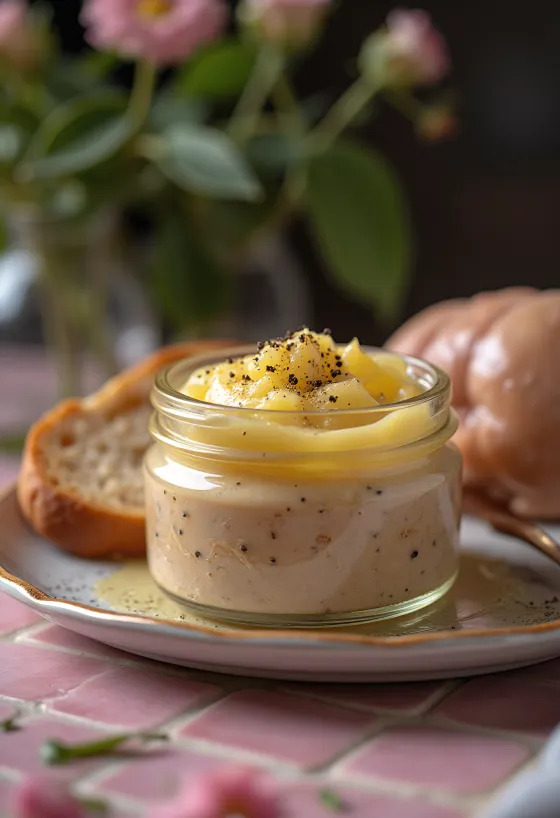 Pâté de foies de volaille à la texture crémeuse, servi avec des herbes fraîches et du pain grillé croustillant