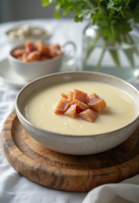 Velouté de céleri-rave au jambon fumé servi