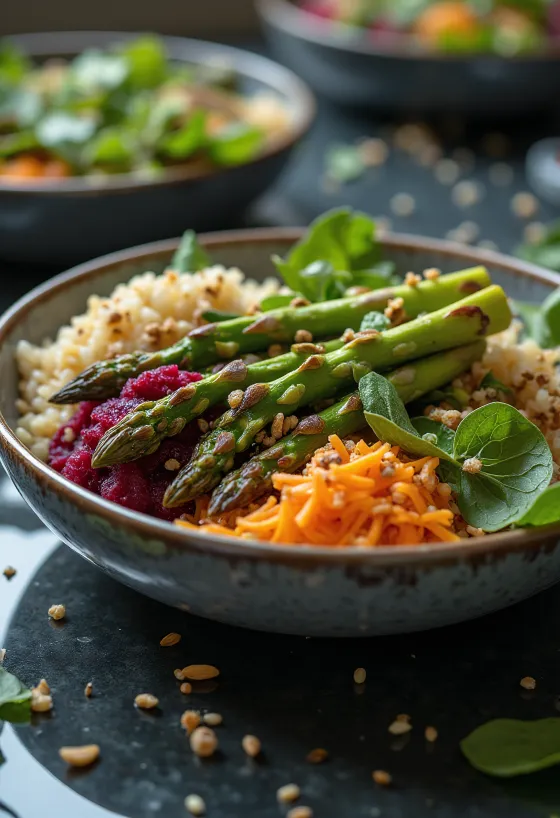 Buddha Bowl aux asperges grillées servi