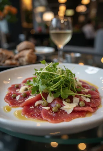 Carpaccio de cheval servi avec roquette, parmesan et câpres.