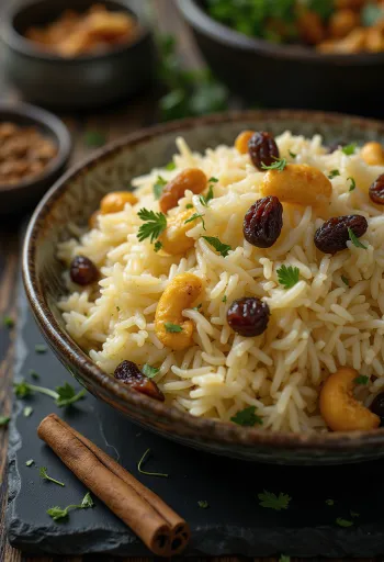 Pulao Kaju Kishmish avec noix de cajou et raisins secs, servi avec coriandre fraîche