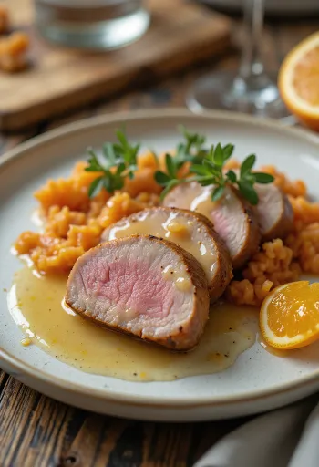 Magret de canard poêlé sauce orange servi