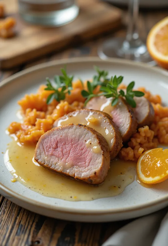 Magret de canard poêlé sauce orange servi