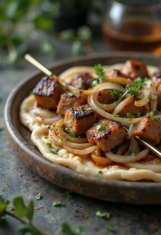 Brochettes de Chachlik servies avec légumes grillés