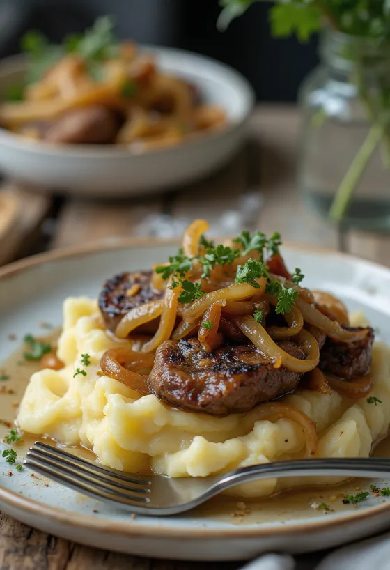 Foie sauté servi avec purée de pommes de terre