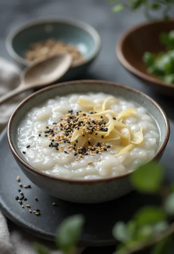 Congee au sésame, riz crémeux servi avec graines de sésame grillées et gingembre frais