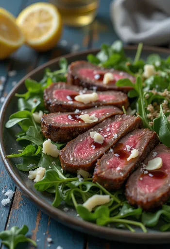 Tagliata de bœuf servie avec roquette et parmesan