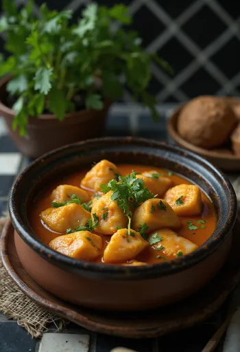 Tenga au tamarin, riche soupe de poisson au lait de coco servie avec de la coriandre fraîche