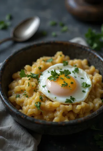 Açorda aux œufs pochés, décorée de coriandre fraîche, arrosée de jus de citron