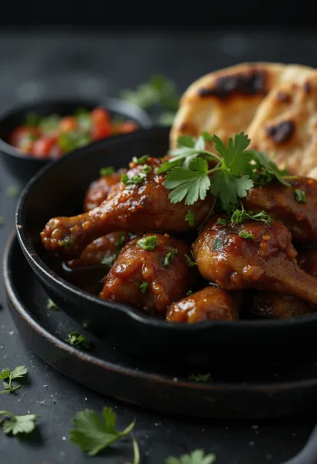 Poulet Adobo servi avec pain naan, dans une sauce épicée appétissante