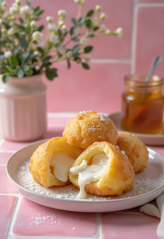 Æbleskiver fourrés à la ricotta, couleur dorée, servis saupoudrés de sucre glace