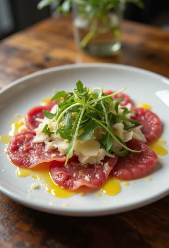 Carpaccio de bœuf servi avec roquette et parmesan