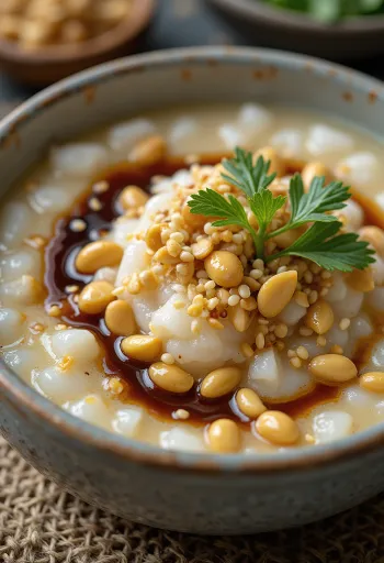 Congee aux arachides, servi avec arachides grillées, graines de sésame et coriandre
