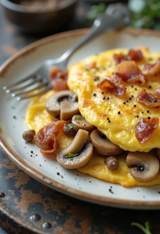 Omelette aux champignons et au bacon, servie fraîche