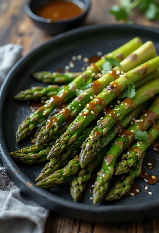 Asperges grillées sauce sésame servies