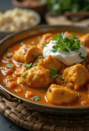 Poulet tikka masala dans une sauce tomate crémeuse, décoré de coriandre fraîche