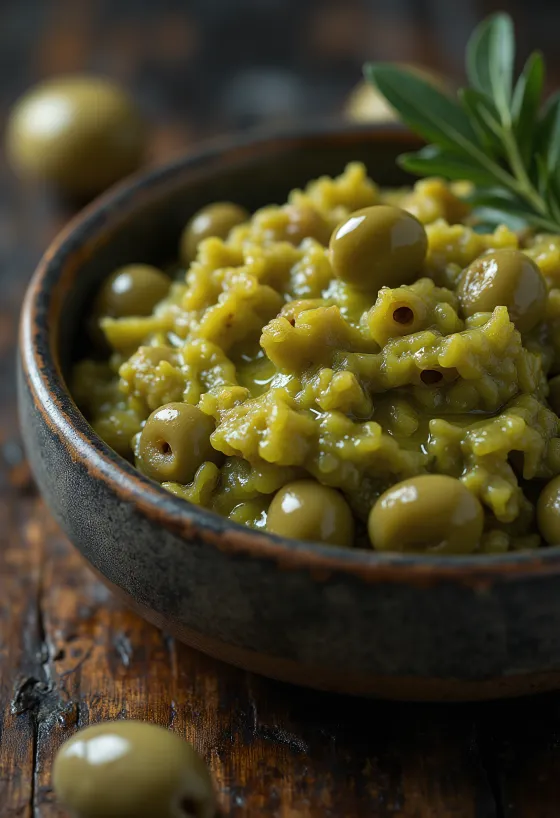 Sauce aux olives vertes servie avec pita fraîche