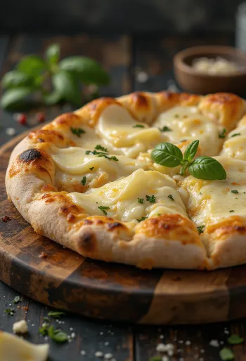 Pizza ai Formaggi servie avec différents fromages et basilic frais