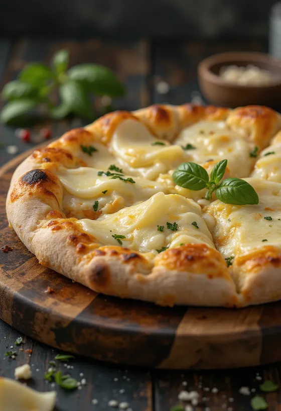Pizza ai Formaggi servie avec différents fromages et basilic frais