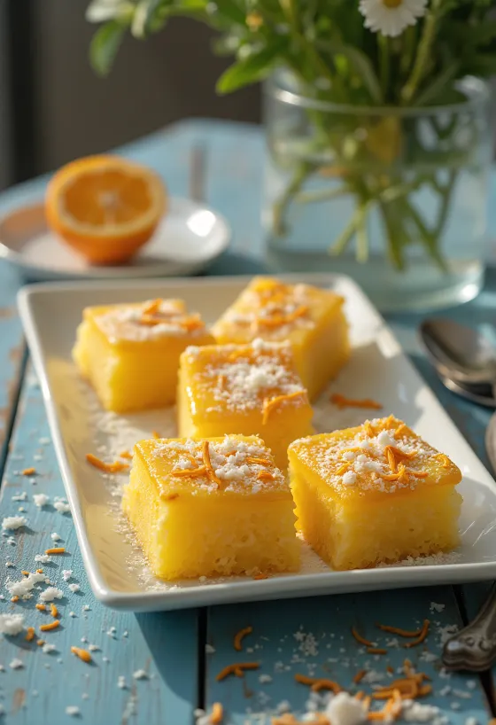 Revani sans œufs aux saveurs d'agrumes, décoré de zeste d'orange, servi frais