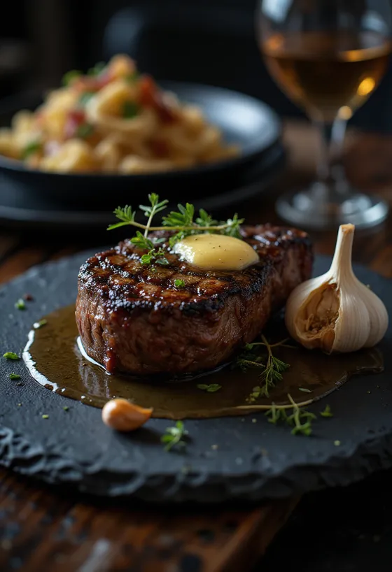 Rib eye steak doré, servi avec herbes fraîches et beurre