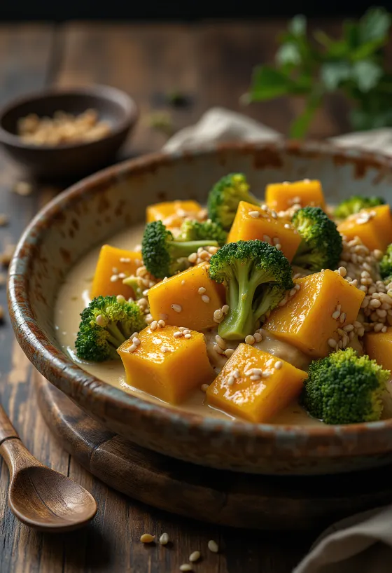 Curry de potiron et brocoli au tahini