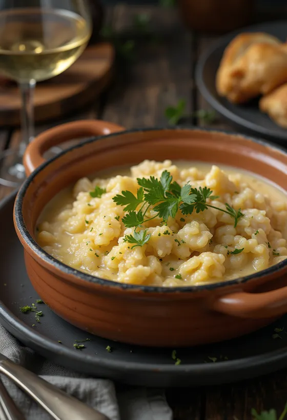 Açorda à la morue, soupe de poisson au vin blanc, lait et persil frais