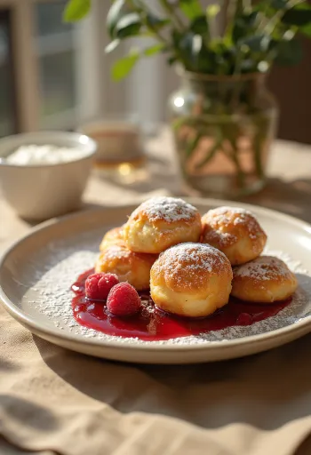 Æbleskiver à la confiture de framboise et sucre glace