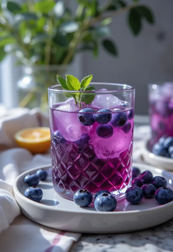 Thé glacé à la myrtille servi dans un verre