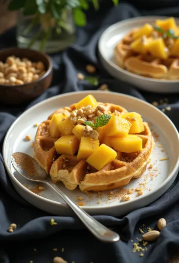 Gaufre d'inspiration africaine avec mangue, cacahuètes et jus de citron vert