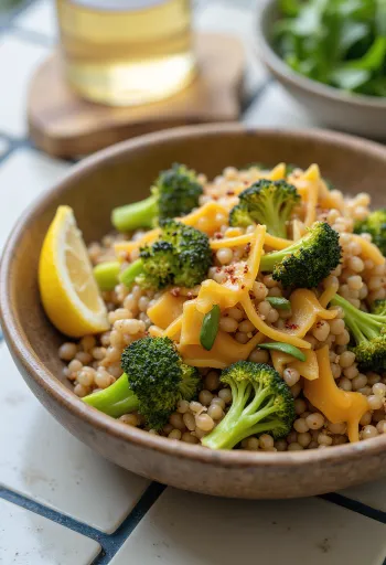 Farro au brocoli rôti et cheddar décoré de verdure fraîche