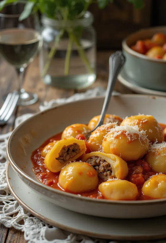Gnocchis farcis à la viande servis