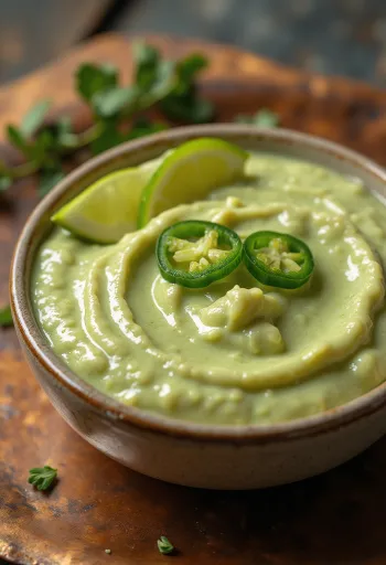 Sauce jalapeño et citron vert dans un bol, décorée de tranches de citron vert et de coriandre fraîche.
