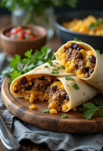 Burrito mexicain en rouleau de tortilla, fourré de riz, haricots et viande de bœuf