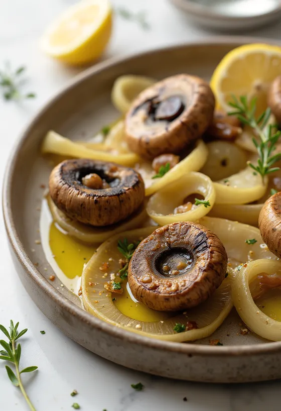 Champignons de Paris rôtis servis avec des poireaux, dorés, sur une assiette claire
