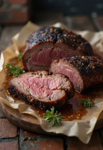 Smoked brisket servi en tranches fines avec sauce barbecue et accompagnements