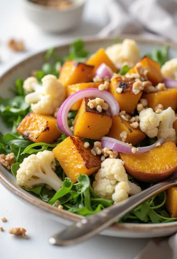 Salade tiède de courge et chou-fleur servie avec vinaigrette aux noix