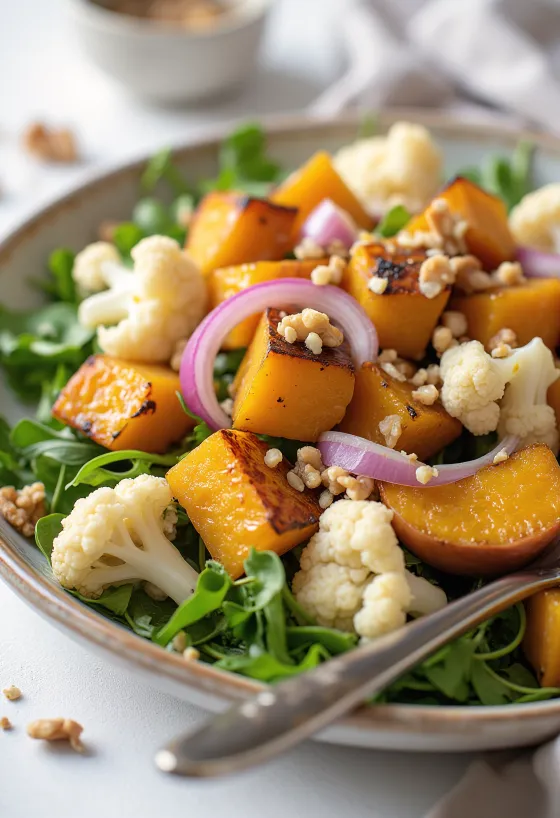 Salade tiède de courge et chou-fleur servie avec vinaigrette aux noix