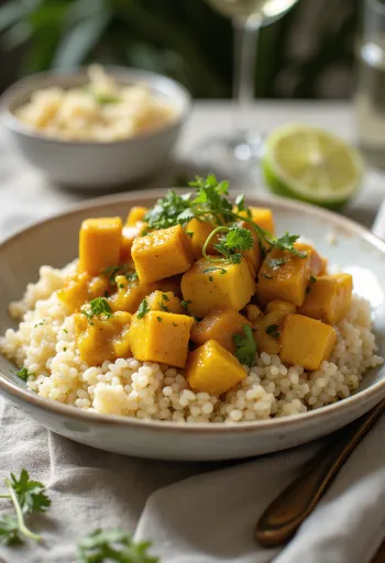Curry de quinoa au potiron et tofu au citron vert servi