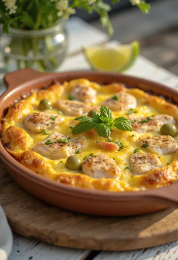 Torta capixaba servie avec de la coriandre, dessus doré, aux fruits de mer