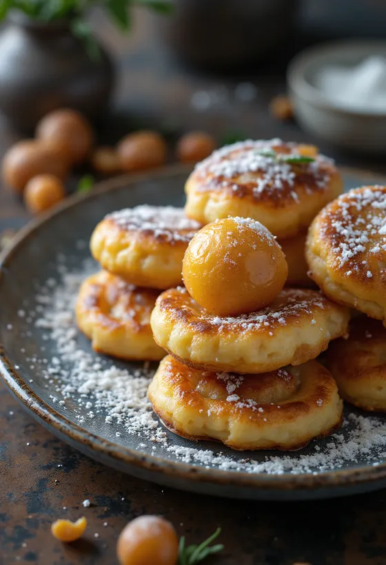 Pancakes Æbleskiver saupoudrés de sucre glace