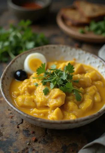 Ají de gallina servi avec coriandre, sauce crémeuse