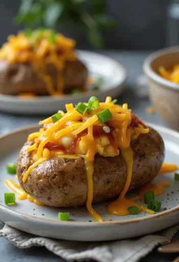 Pommes de terre farcies au BBQ et fromage servies sur une assiette